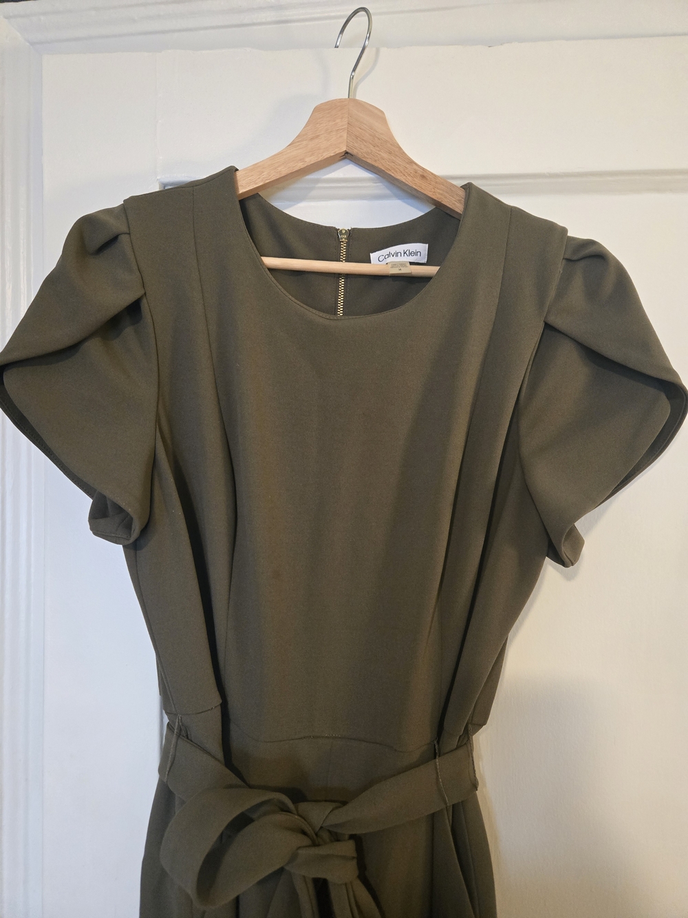 Calvin Klein Olive Green Flutter Sleeve Belted Jumpsuit